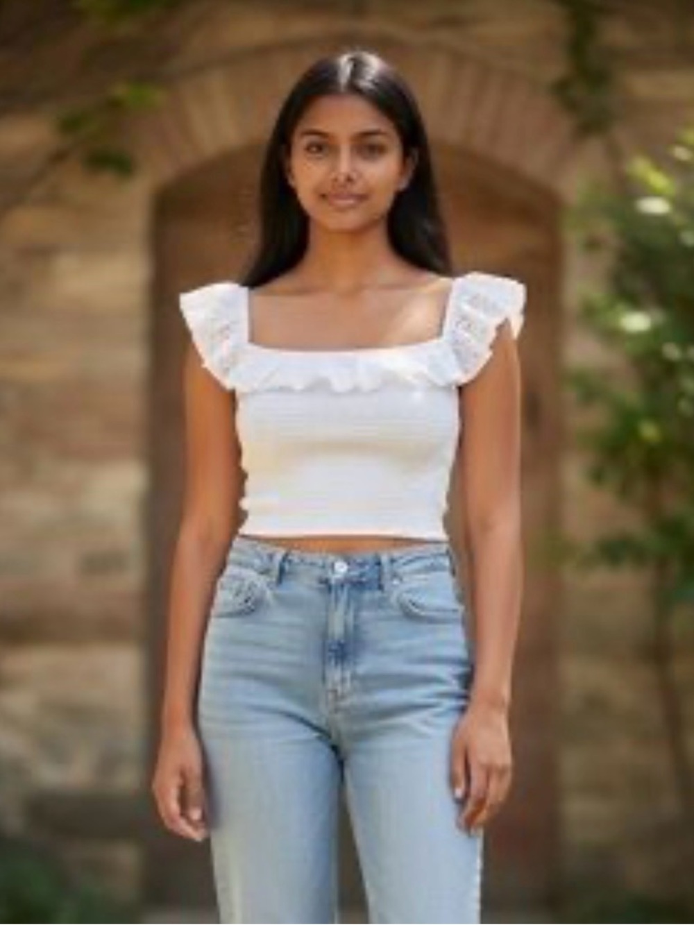 wild fable White Ruffle Square-Neck Crop Top